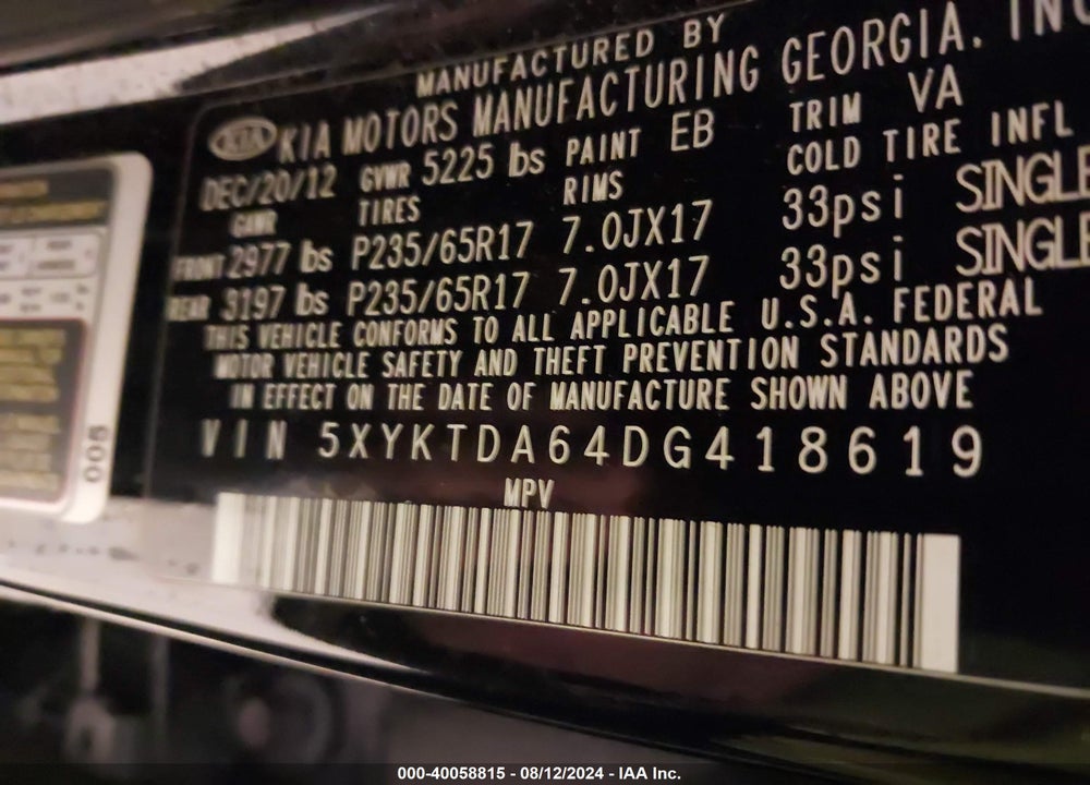 2013 KIA SORENTO LX VIN: 5XYKTDA64DG418619