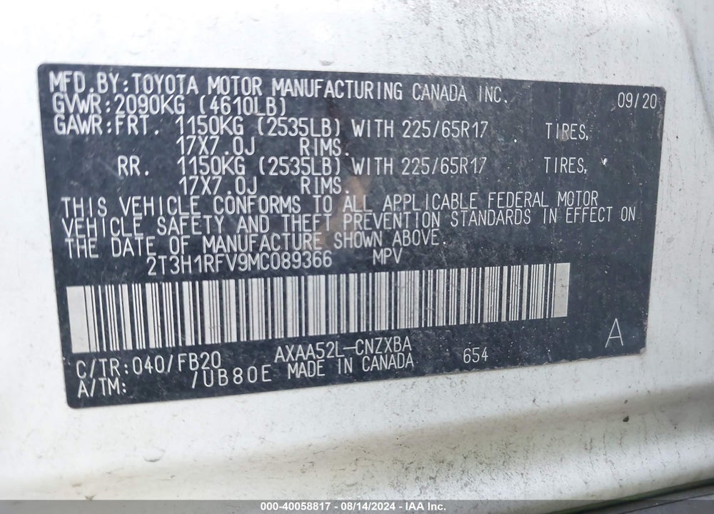 2021 TOYOTA RAV4 LE VIN: 2T3H1RFV9MC089366