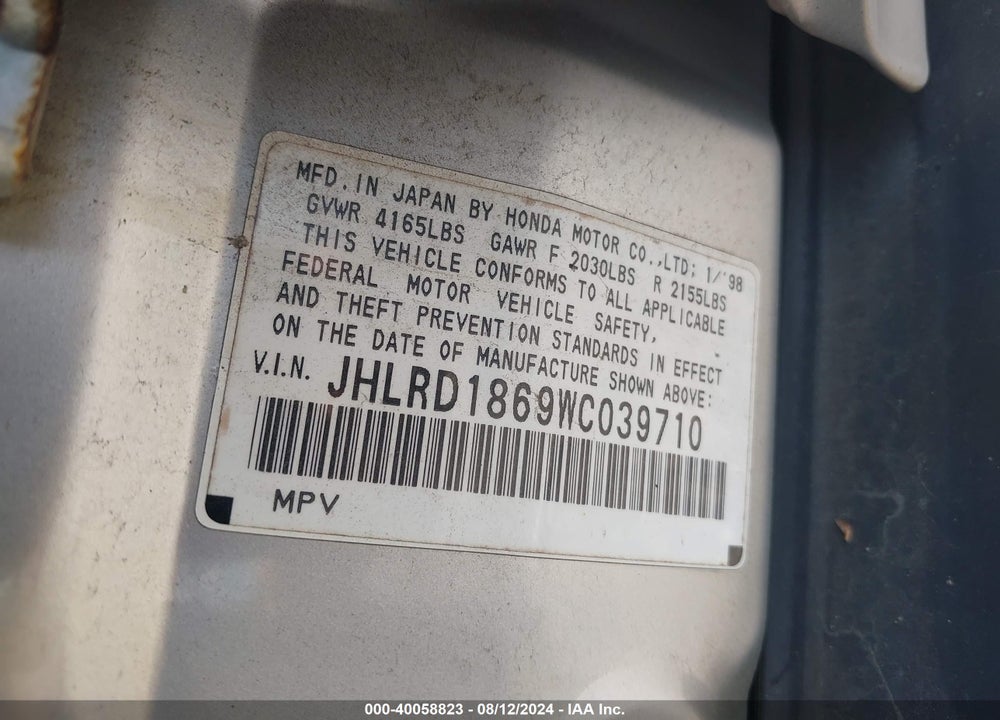 1998 HONDA CR-V EX VIN: JHLRD1869WC039710