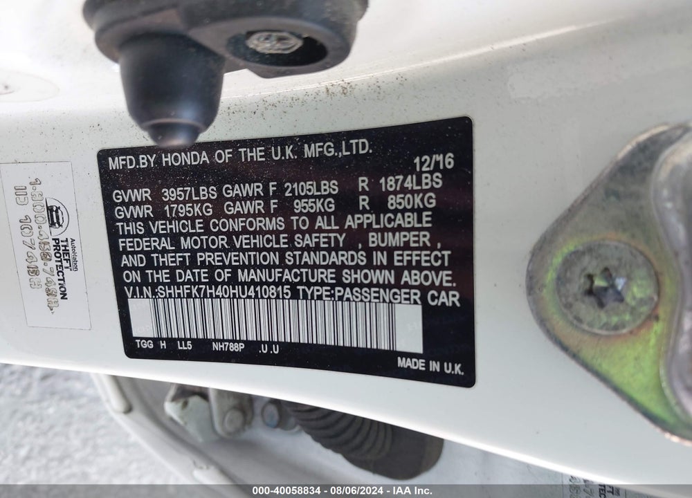 2017 HONDA CIVIC SPORT VIN: SHHFK7H40HU410815