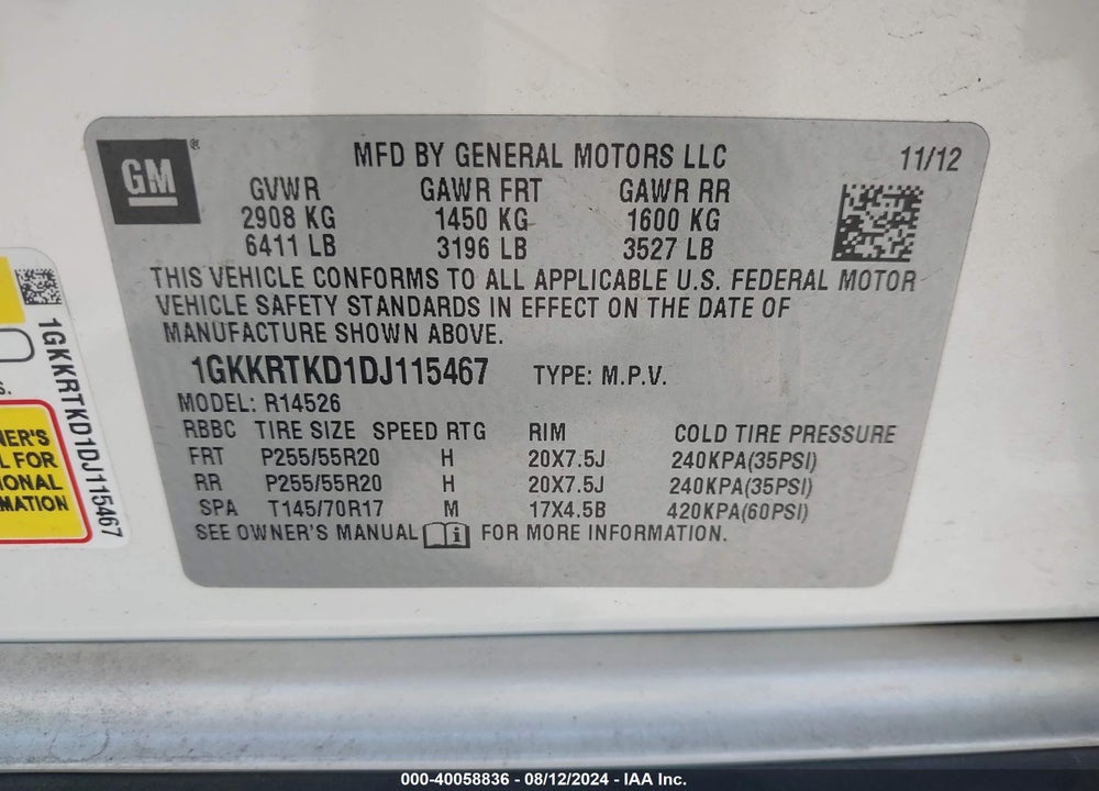 2013 GMC ACADIA DENALI VIN: 1GKKRTKD1DJ115467