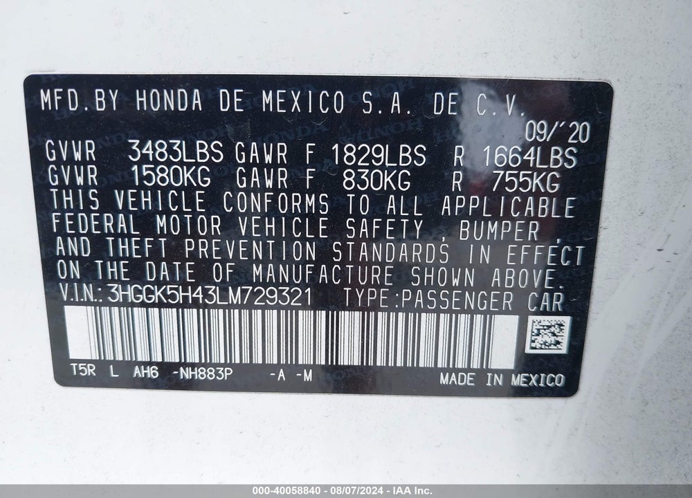 2020 HONDA FIT LX VIN: 3HGGK5H43LM729321