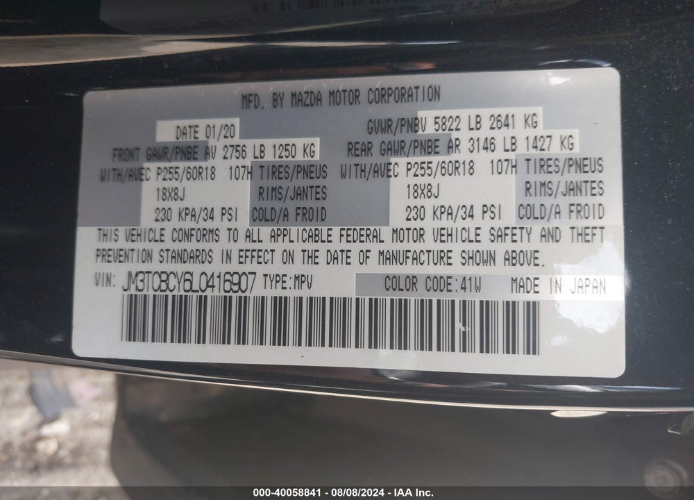 2020 MAZDA CX-9 TOURING VIN: JM3TCBCY6L0416907