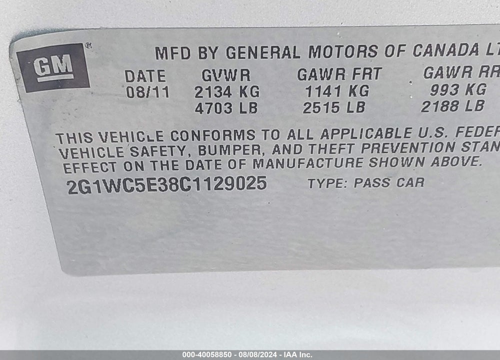 2012 CHEVROLET IMPALA LTZ VIN: 2G1WC5E38C1129025