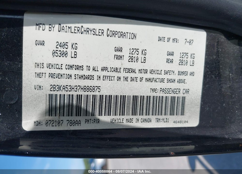 2007 DODGE CHARGER RT VIN: 2B3KA53H37H886875