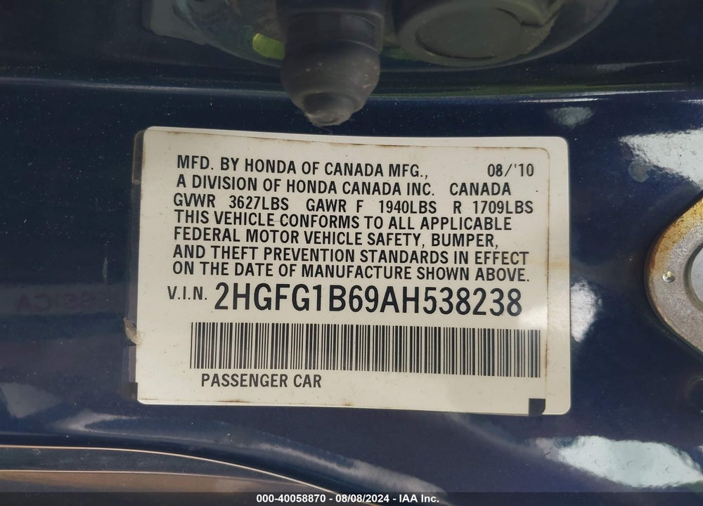 2010 HONDA CIVIC LX VIN: 2HGFG1B69AH538238