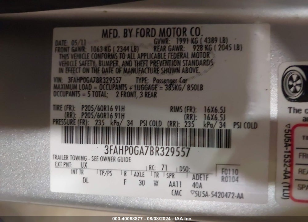 2011 FORD FUSION S VIN: 3FAHP0GA7BR329557