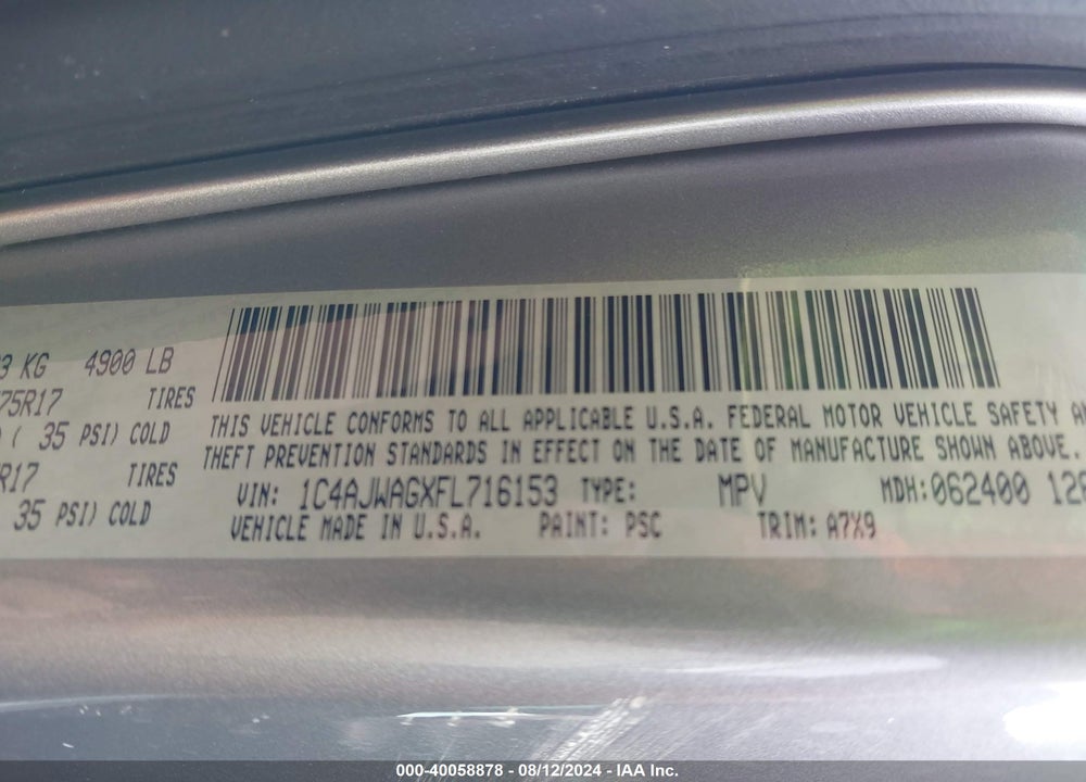 2015 JEEP WRANGLER SPORT VIN: 1C4AJWAGXFL716153