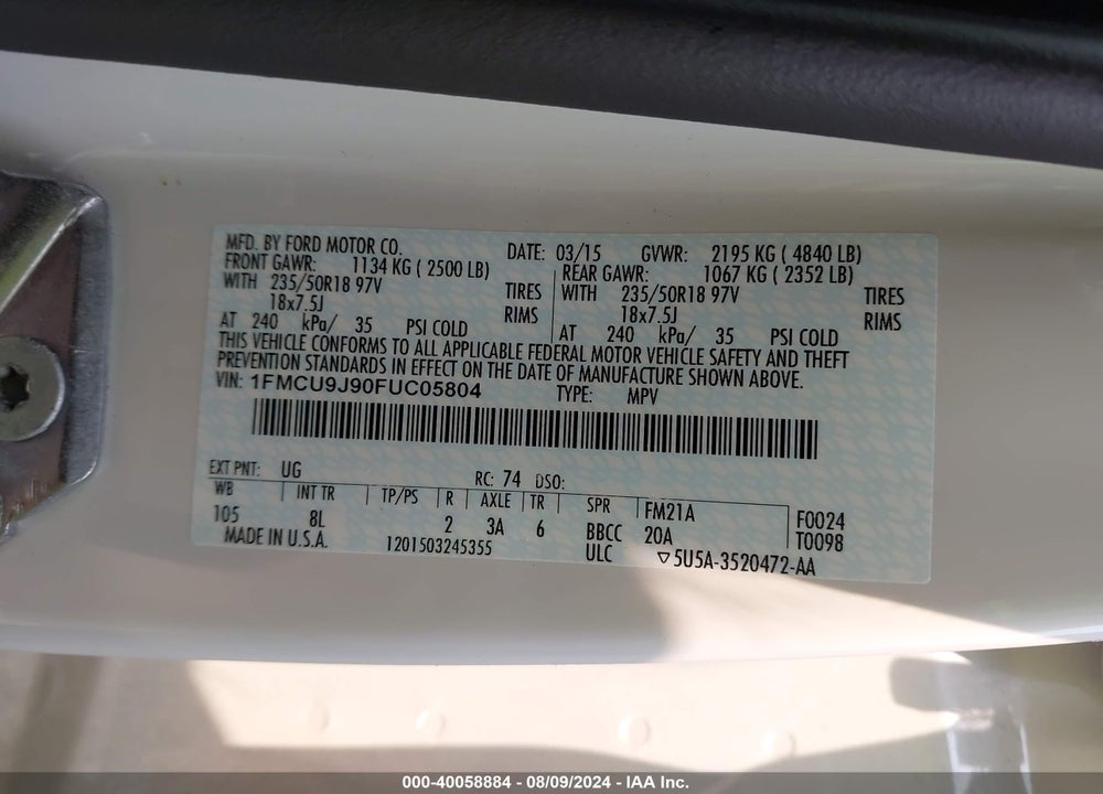 2015 FORD ESCAPE TITANIUM VIN: 1FMCU9J90FUC05804