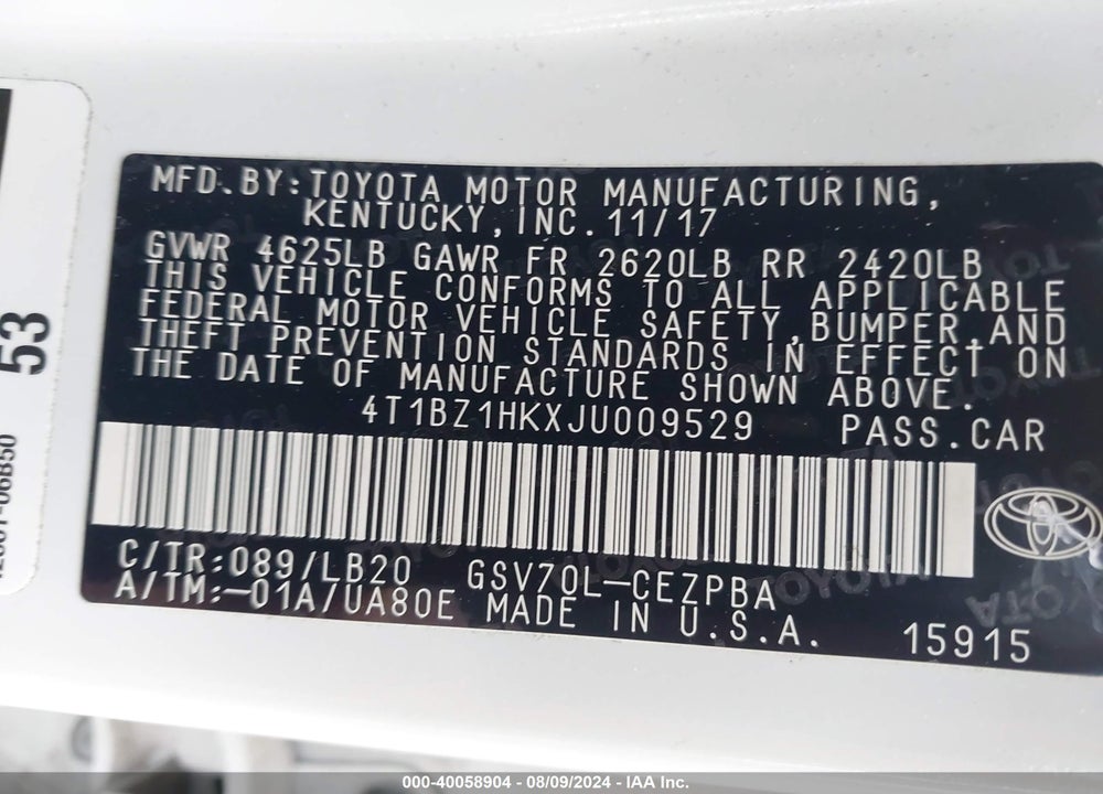 2018 TOYOTA CAMRY XLE V6/XSE V6 VIN: 4T1BZ1HKXJU009529