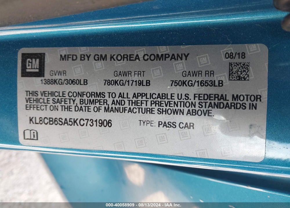 2019 CHEVROLET SPARK LS CVT VIN: KL8CB6SA5KC731906
