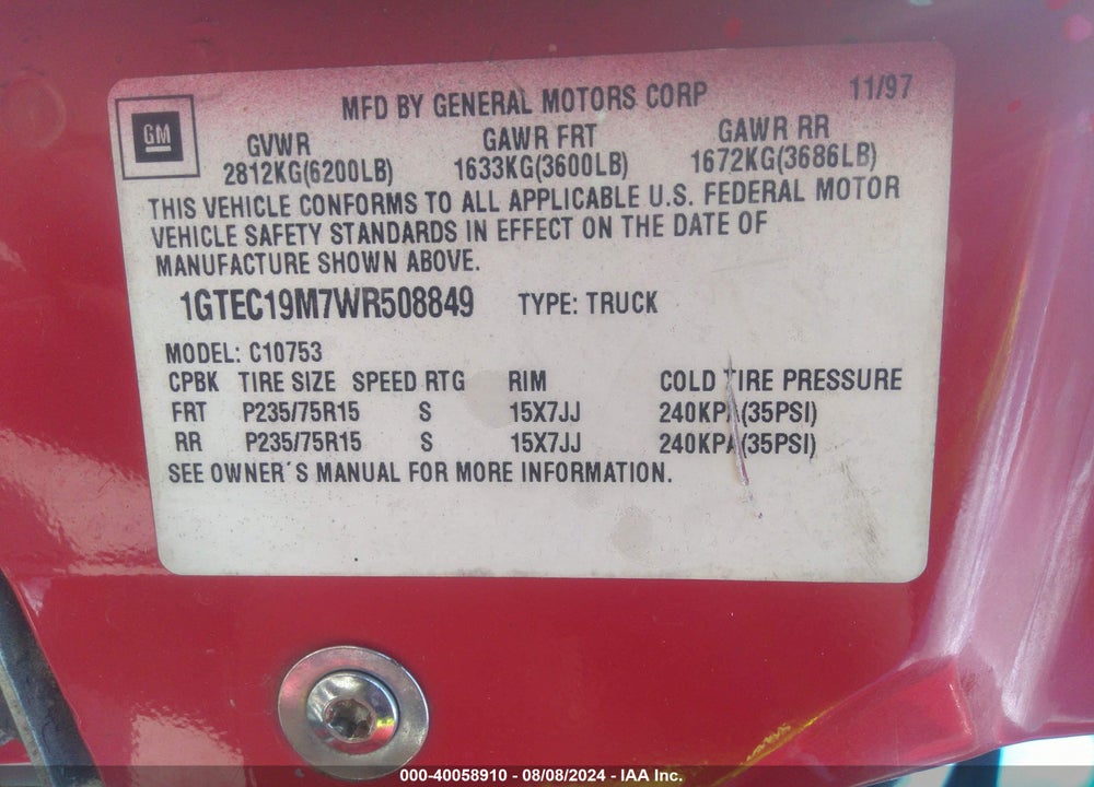 1998 GMC SIERRA 1500 SL WIDESIDE VIN: 1GTEC19M7WR508849