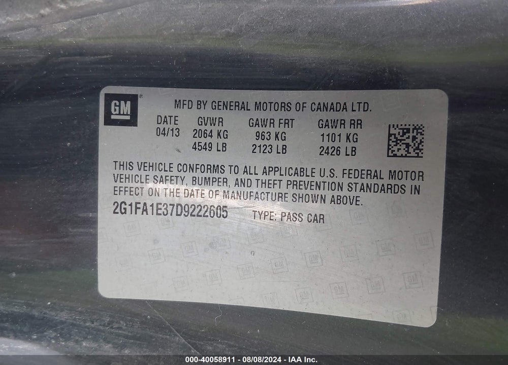 2013 CHEVROLET CAMARO 2LS VIN: 2G1FA1E37D9222605