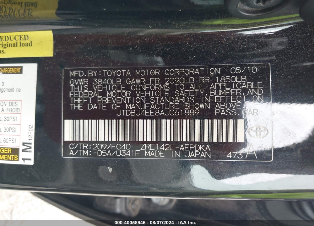 2010 TOYOTA COROLLA LE VIN: JTDBU4EE8AJ061889
