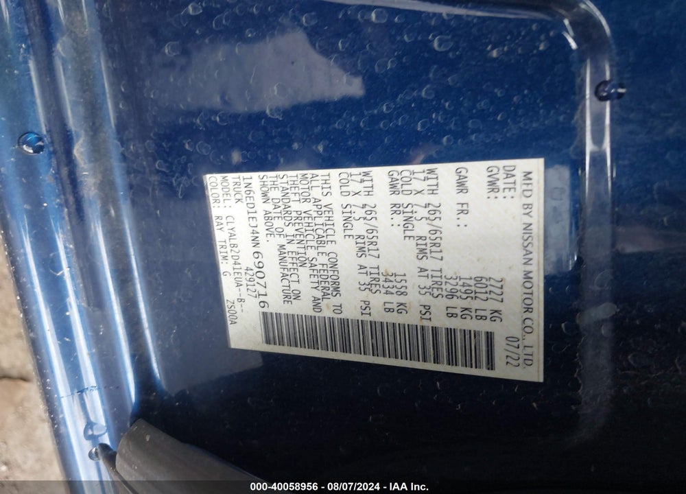 2022 NISSAN FRONTIER SV 4X2 VIN: 1N6ED1EJ4NN690716