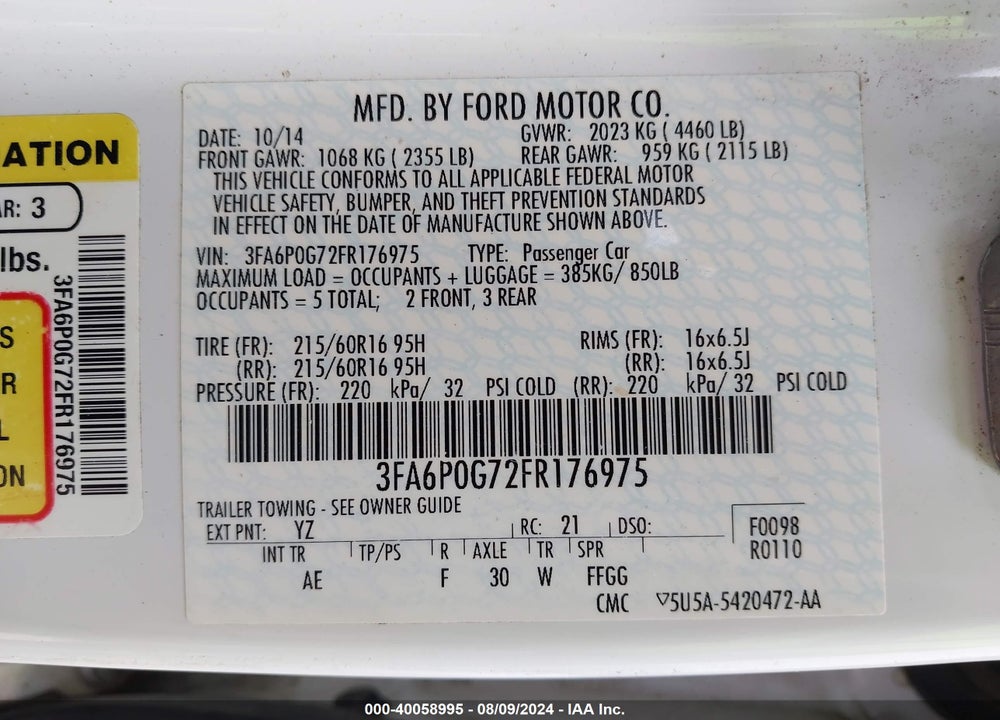 2015 FORD FUSION S VIN: 3FA6P0G72FR176975