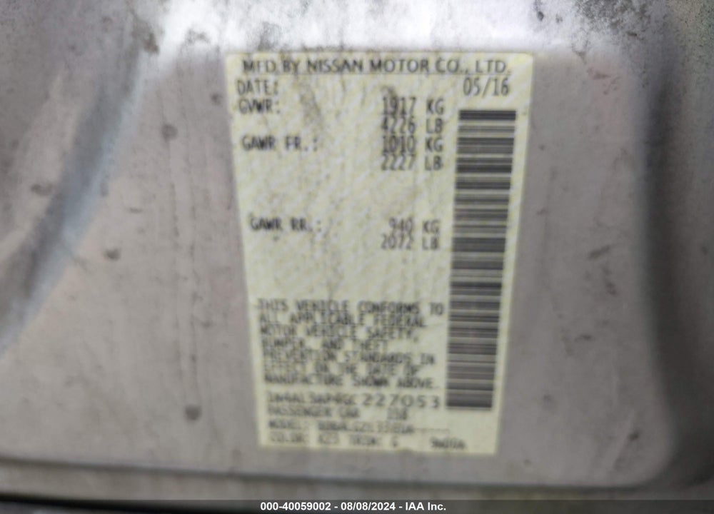 2016 NISSAN ALTIMA 2.5/2.5 S/2.5 SL/2.5 SR/2.5 SV VIN: 1N4AL3AP4GC227053