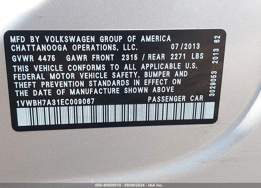 2014 VOLKSWAGEN PASSAT 2.5L SE VIN: 1VWBH7A31EC009067