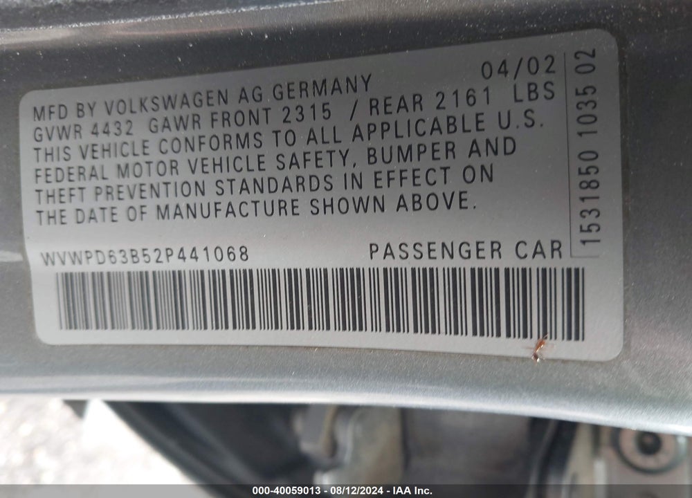 2002 VOLKSWAGEN PASSAT GLS VIN: WVWPD63B52P441068