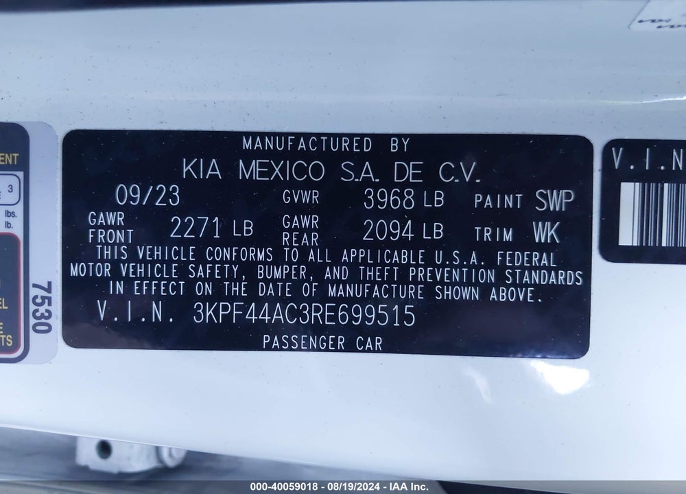 2024 KIA FORTE GT VIN: 3KPF44AC3RE699515