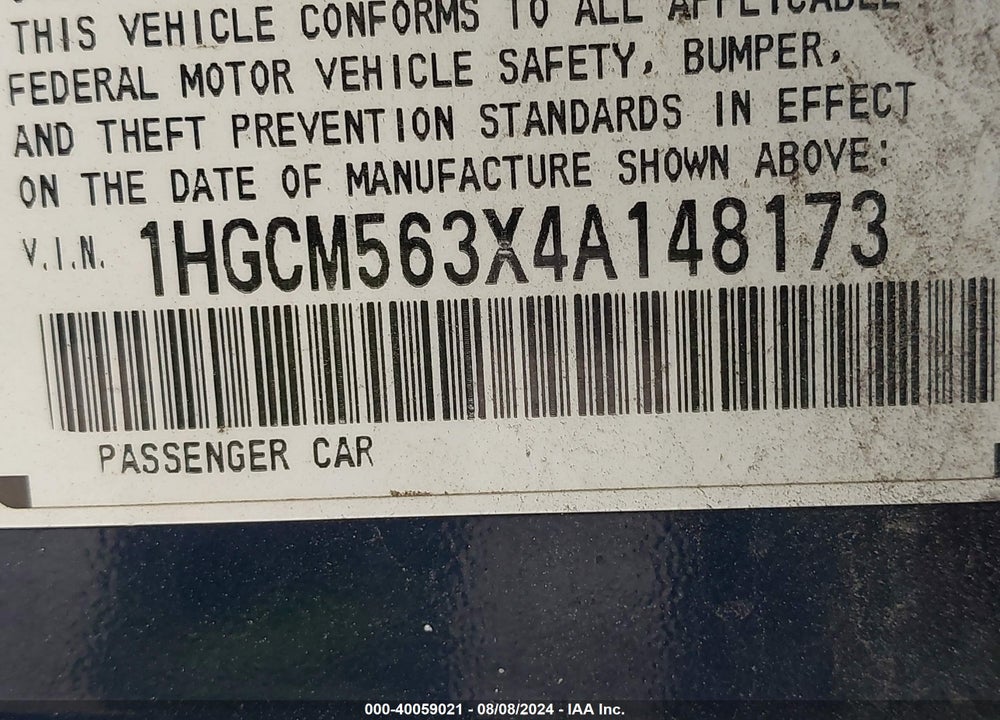 2004 HONDA ACCORD 2.4 LX VIN: 1HGCM563X4A148173