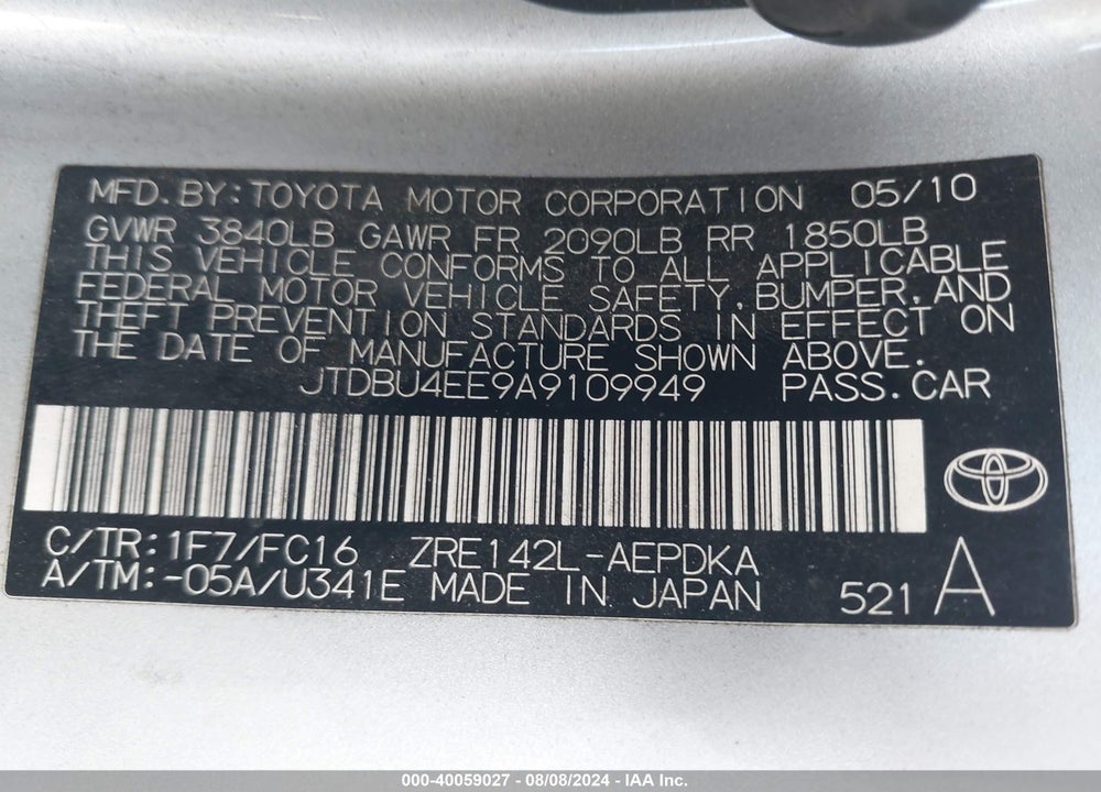 2010 TOYOTA COROLLA VIN: JTDBU4EE9A9109949