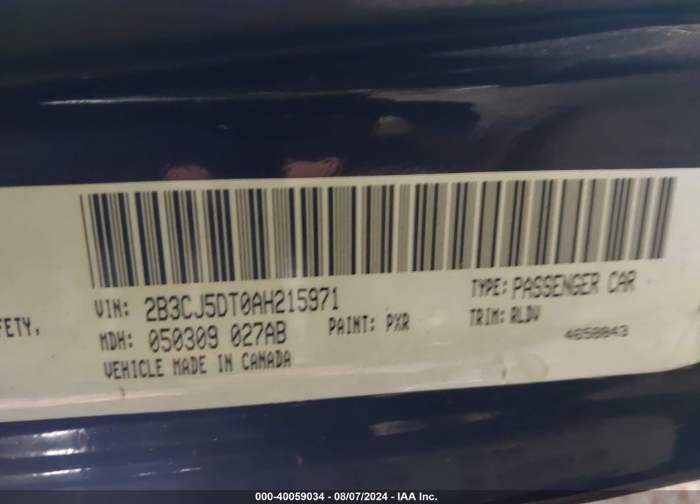 2010 DODGE CHALLENGER R/T VIN: 2B3CJ5DT0AH215971