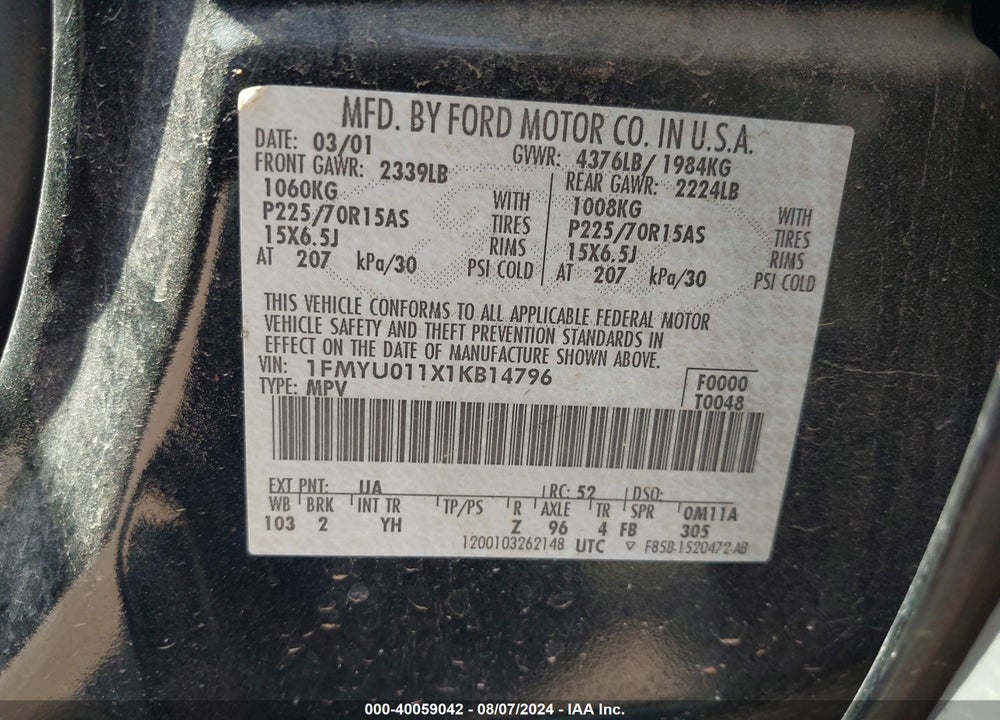 2001 FORD ESCAPE XLS VIN: 1FMYU011X1KB14796