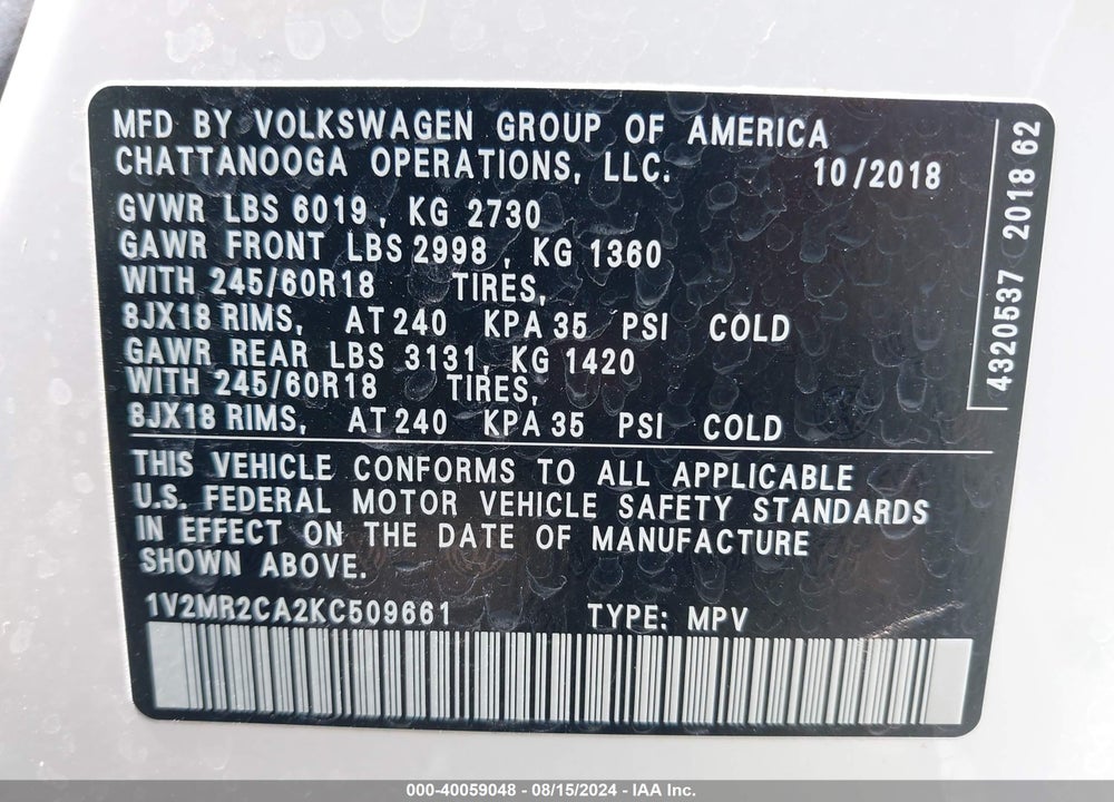 2019 VOLKSWAGEN ATLAS 3.6L V6 SEL VIN: 1V2MR2CA2KC509661