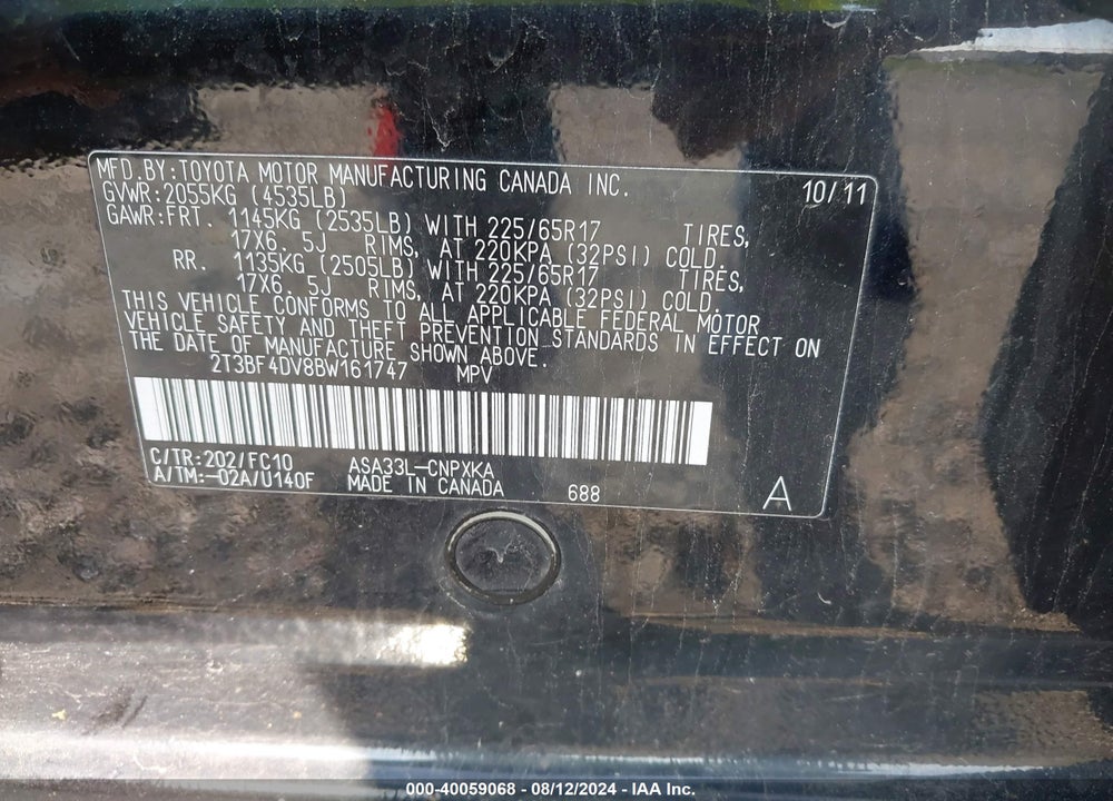 2011 TOYOTA RAV4 VIN: 2T3BF4DV8BW161747