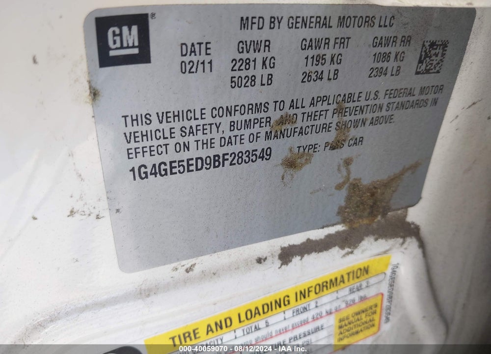 2011 BUICK LACROSSE CXS VIN: 1G4GE5ED9BF283549