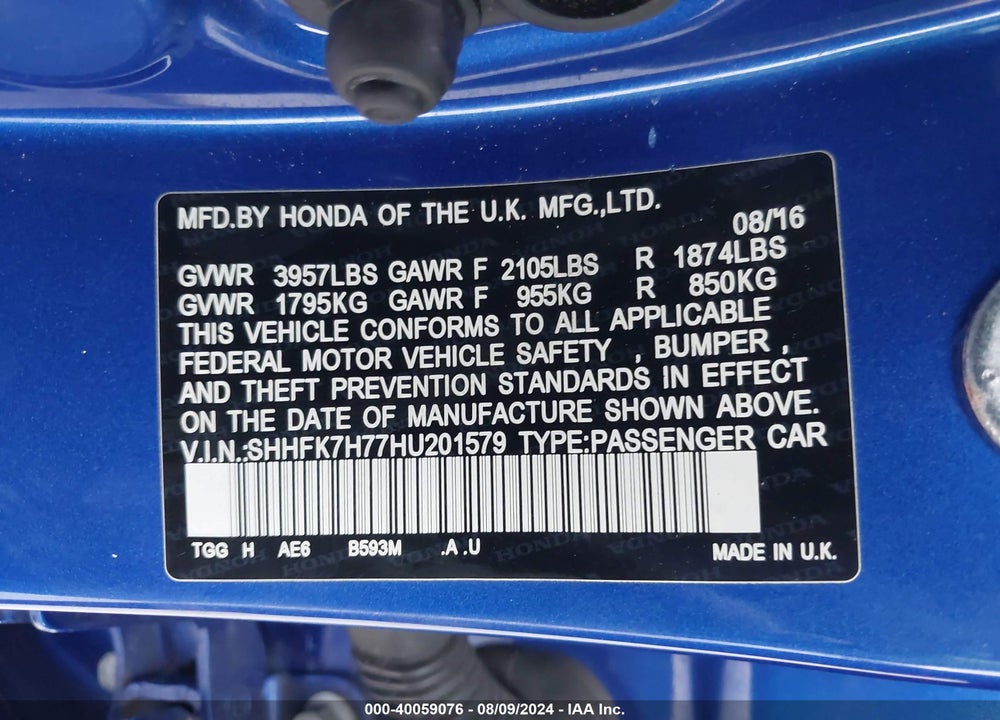2017 HONDA CIVIC EX-L VIN: SHHFK7H77HU201579