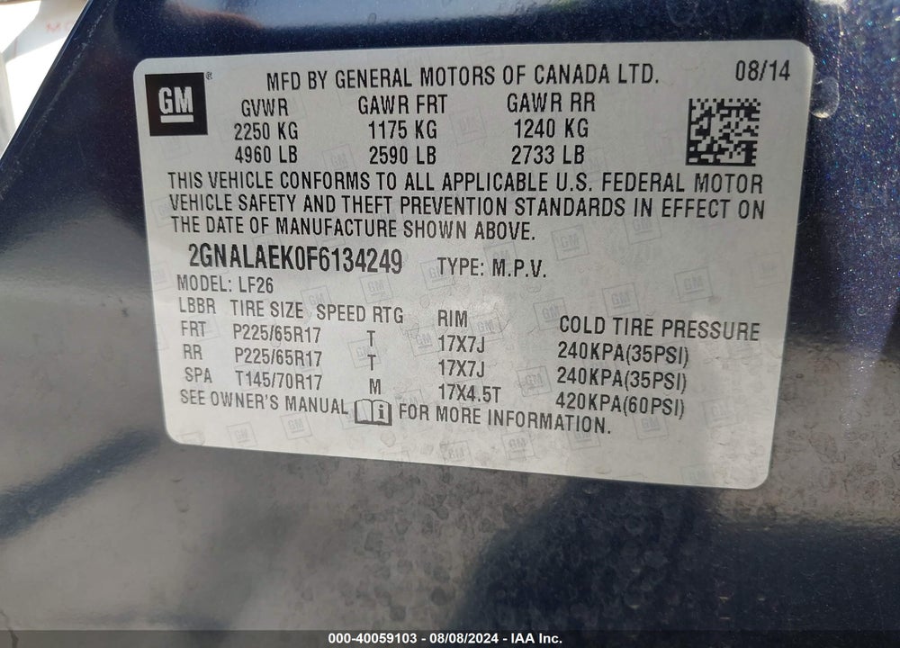 2015 CHEVROLET EQUINOX LS VIN: 2GNALAEK0F6134249