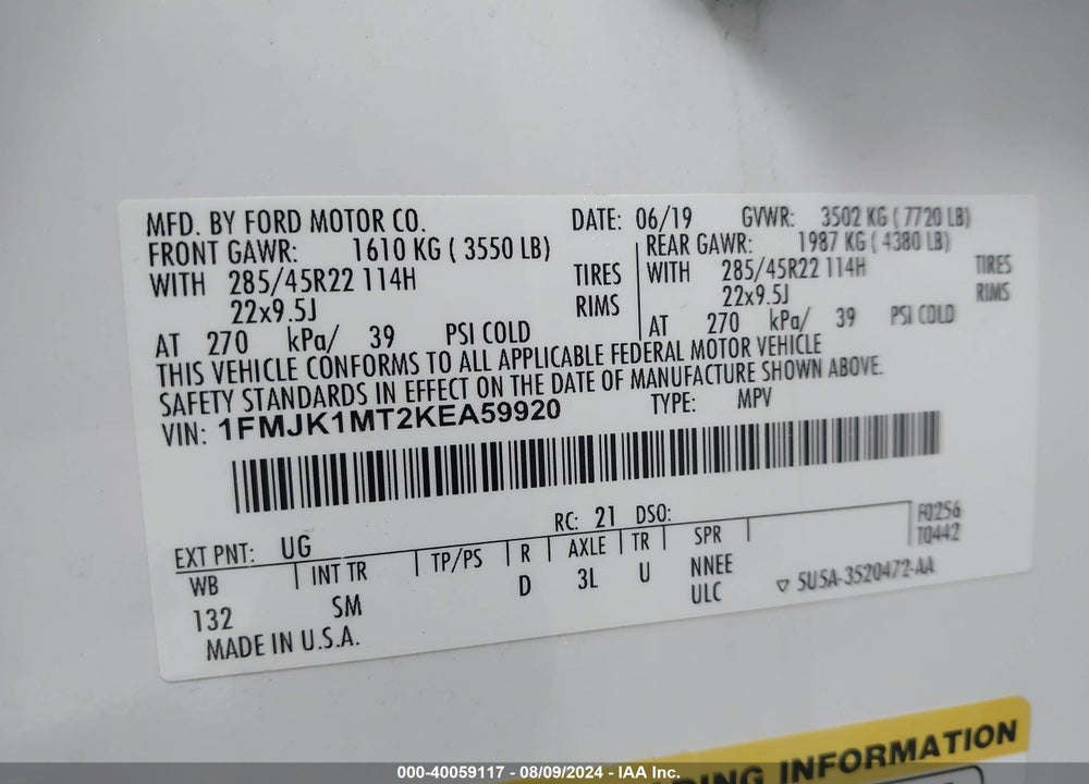 2019 FORD EXPEDITION MAX PLATINUM VIN: 1FMJK1MT2KEA59920