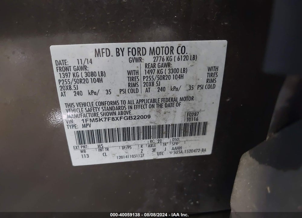2015 FORD EXPLORER LIMITED VIN: 1FM5K7F8XFGB22009