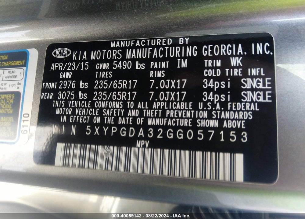 2016 KIA SORENTO 2.4L LX VIN: 5XYPGDA32GG057153