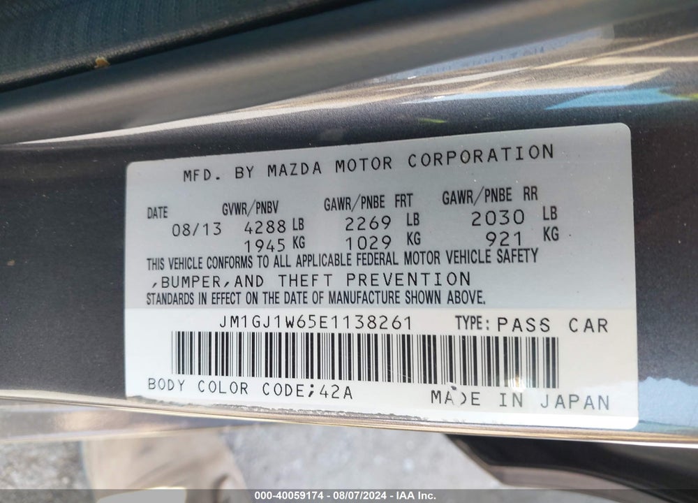 2014 MAZDA 6 VIN: JM1GJ1W65E1138261