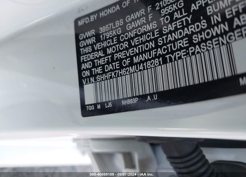 2021 HONDA CIVIC EX VIN: SHHFK7H62MU418281