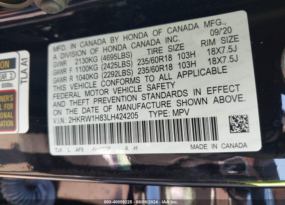 2020 HONDA CR-V 2WD EX-L VIN: 2HKRW1H83LH424205
