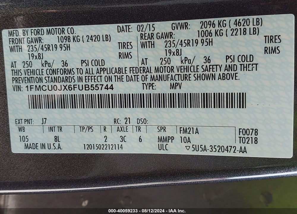 2015 FORD ESCAPE TITANIUM VIN: 1FMCU0JX6FUB55744