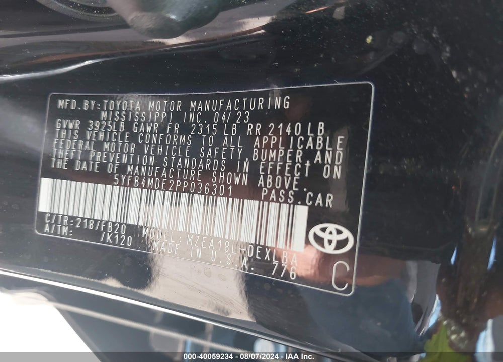 2023 TOYOTA COROLLA LE VIN: 5YFB4MDE2PP036301