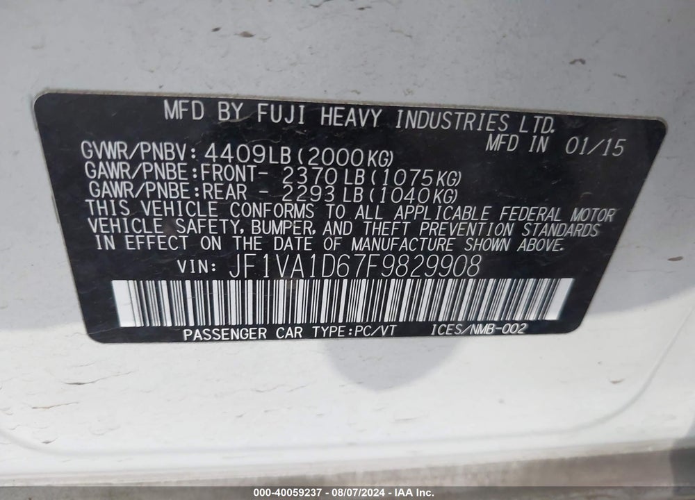 2015 SUBARU WRX PREMIUM VIN: JF1VA1D67F9829908