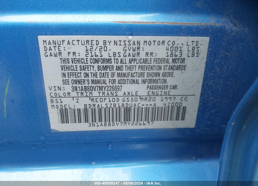 2021 NISSAN SENTRA SR XTRONIC CVT VIN: 3N1AB8DV7MY226697