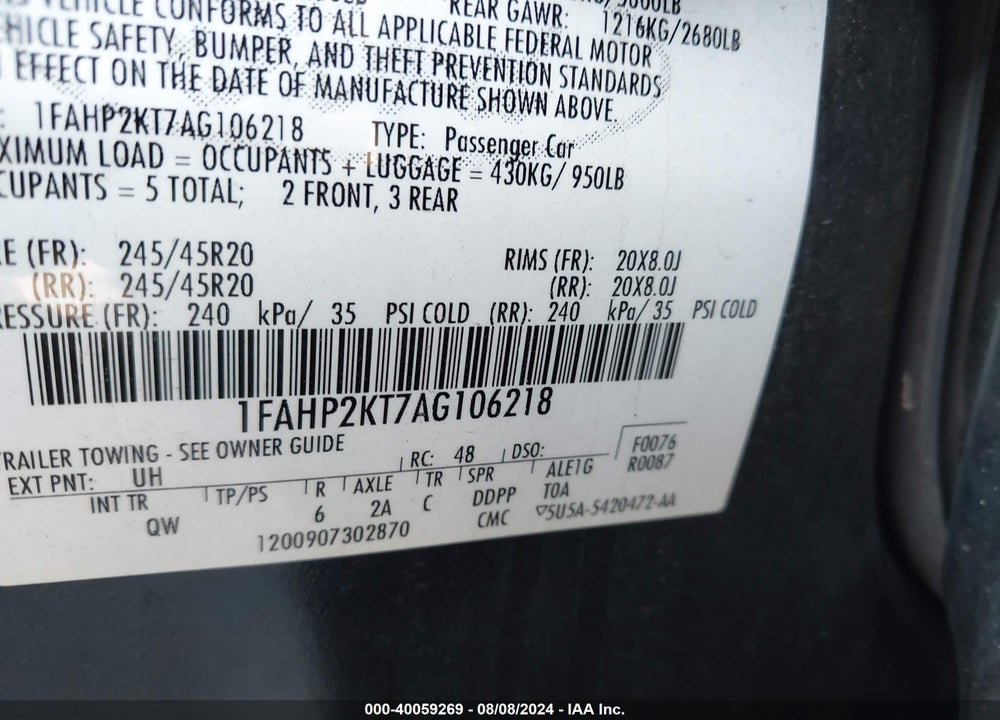 2010 FORD TAURUS SHO VIN: 1FAHP2KT7AG106218
