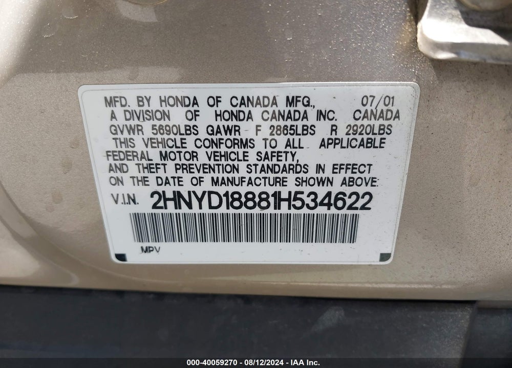 2001 ACURA MDX VIN: 2HNYD18881H534622
