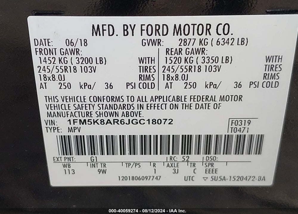2018 FORD POLICE INTERCEPTOR UTILITY VIN: 1FM5K8AR6JGC18072