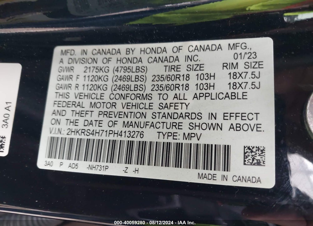 2023 HONDA CR-V EX-L AWD VIN: 2HKRS4H71PH413276