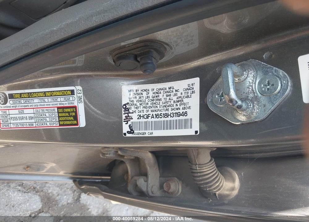 2008 HONDA CIVIC SDN LX VIN: 2HGFA16518H311946