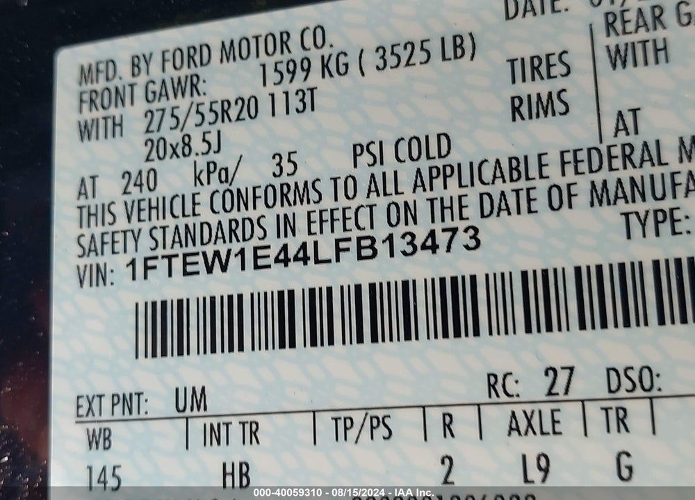 2020 FORD F-150 LARIAT VIN: 1FTEW1E44LFB13473