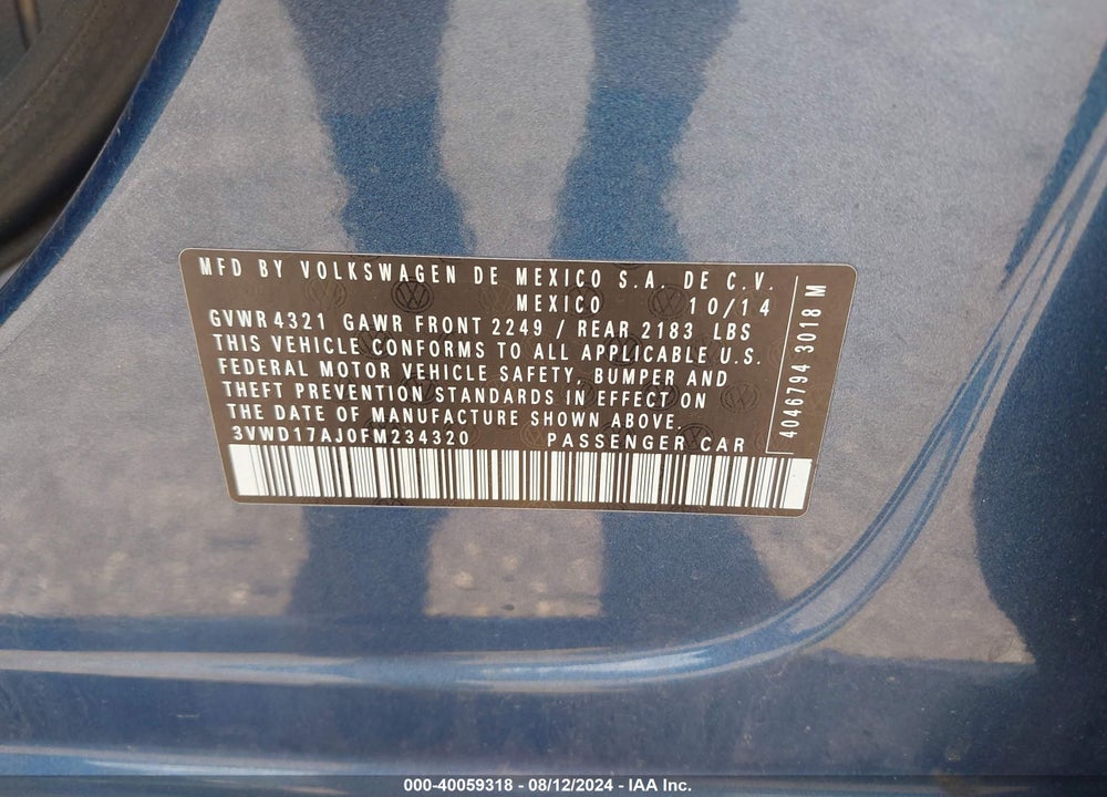 2015 VOLKSWAGEN JETTA 1.8T SE VIN: 3VWD17AJ0FM234320